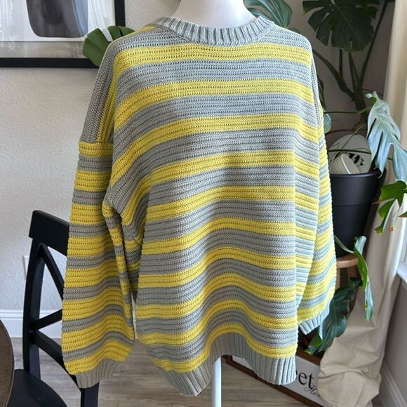 NWOT Free People Links Pullover Sweater Slouchy Knit Chunky Striped Yellow Gray - Picture 5 of 11